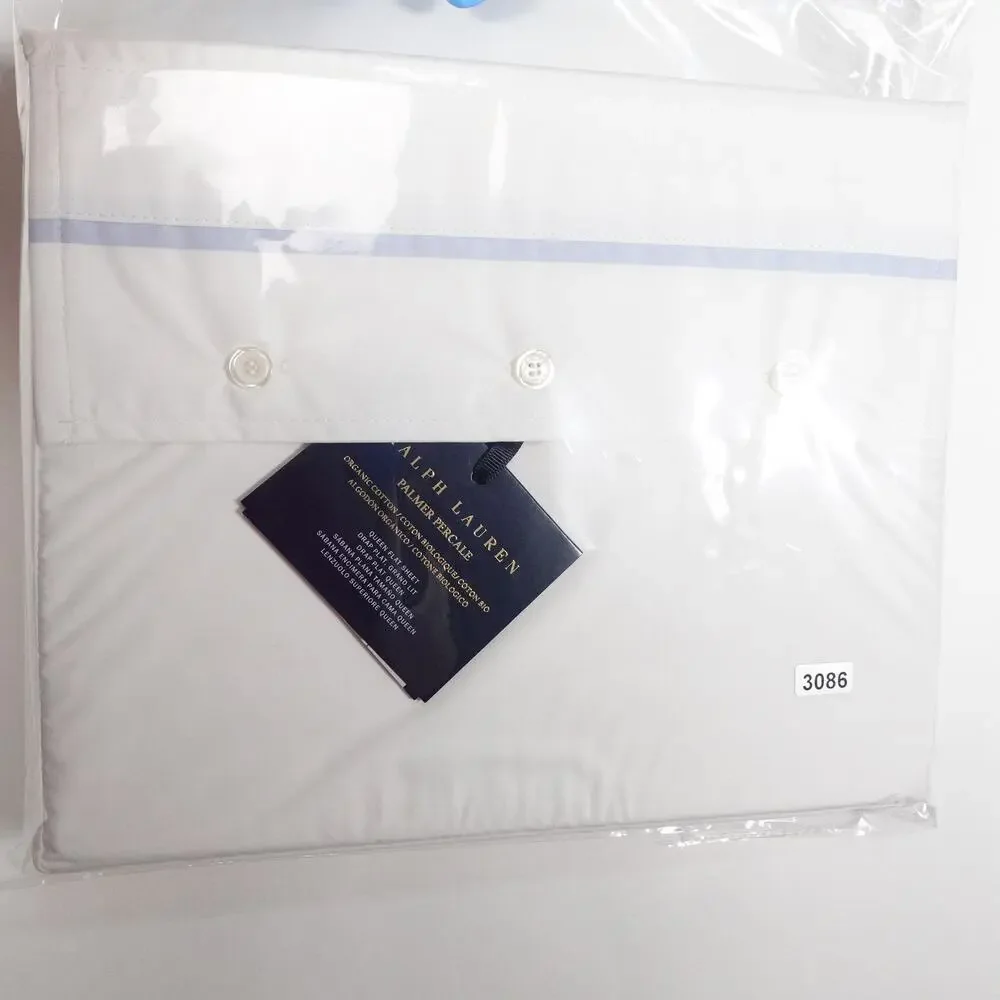 New Ralph Lauren Organic Cotton Percale Palmer Queen Flat Sheet White/Sky Blue